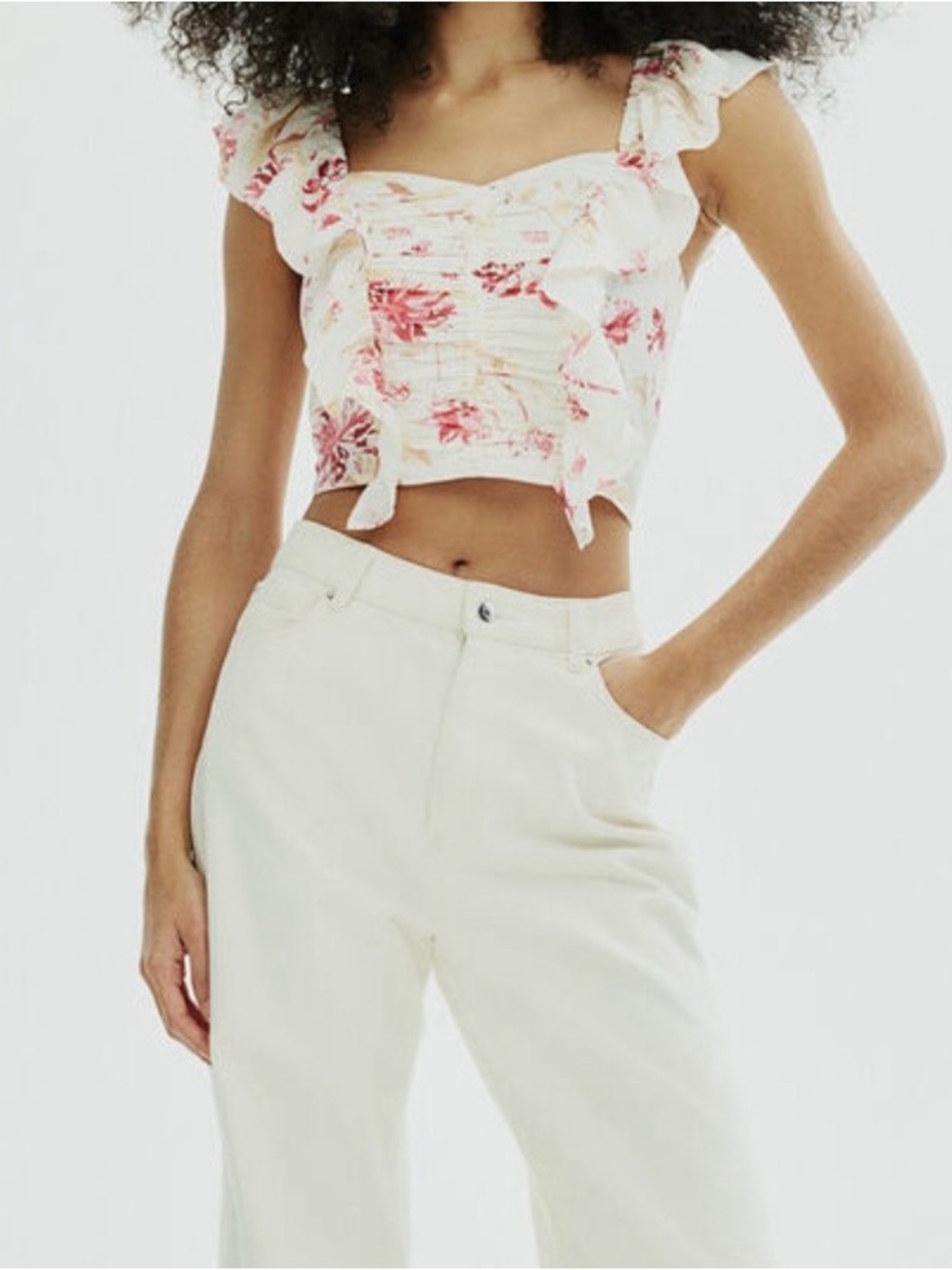 H&M Crop Floral Ruffle Smocked Women's Top Pink/Cream Linen Blend Size M - Picture 11 of 11